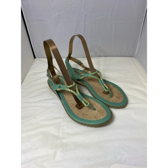 BOC Born Concept Womens 9M Thong Slingback Sandal Teal Leather Gold Metallic - Picture 1 of 7